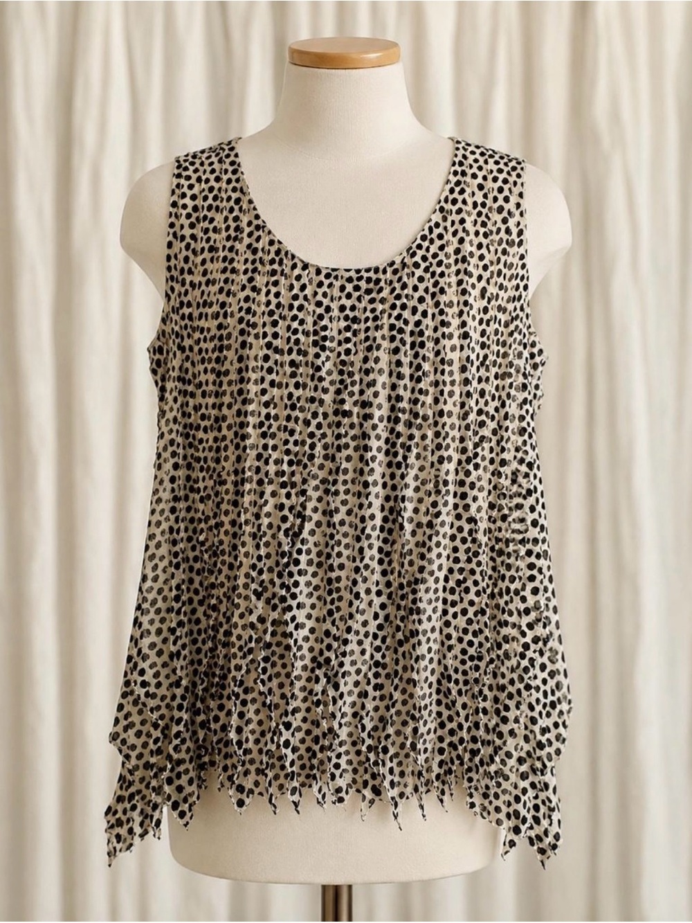 Sleeveless Cream and Black Dot Pleated Tank Top